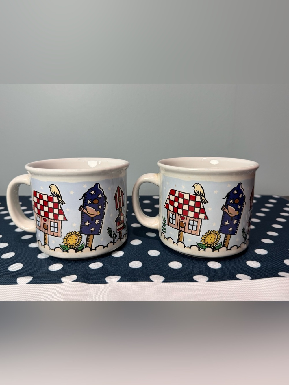 Americana Mugs with Birdhouse Artwork - Set of 2
